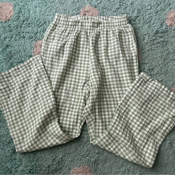 American Eagle Women SET Crop Top Pants Shirt Ruffle Gingham Green White Tie - Picture 6 of 13